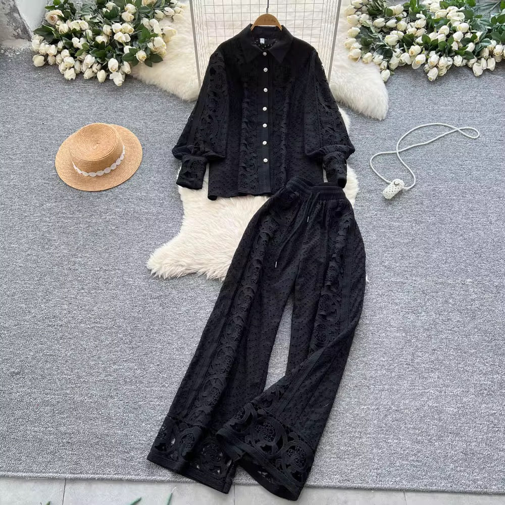 Vintage Two-Piece Set: Lantern Sleeve Button-Up Lace Top & High-Waist Hollow-Out Pants