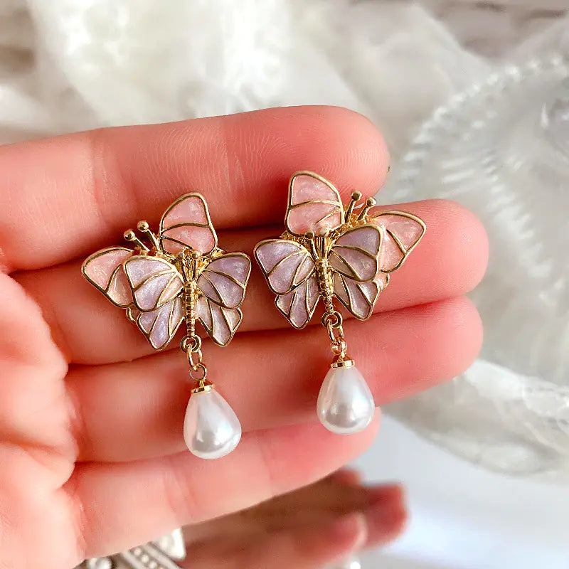 Retro French Butterfly Enamel Freshwater Pearl Brooch