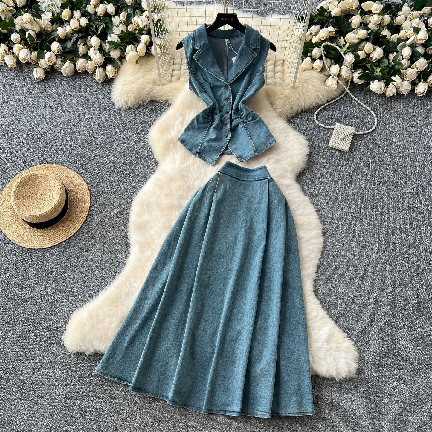 Pleated Waist Blazer & High-Waisted Midi Skirt Set