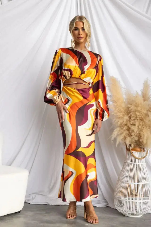 Gas Trend Printing Lace-up Hollow-out Long Dress