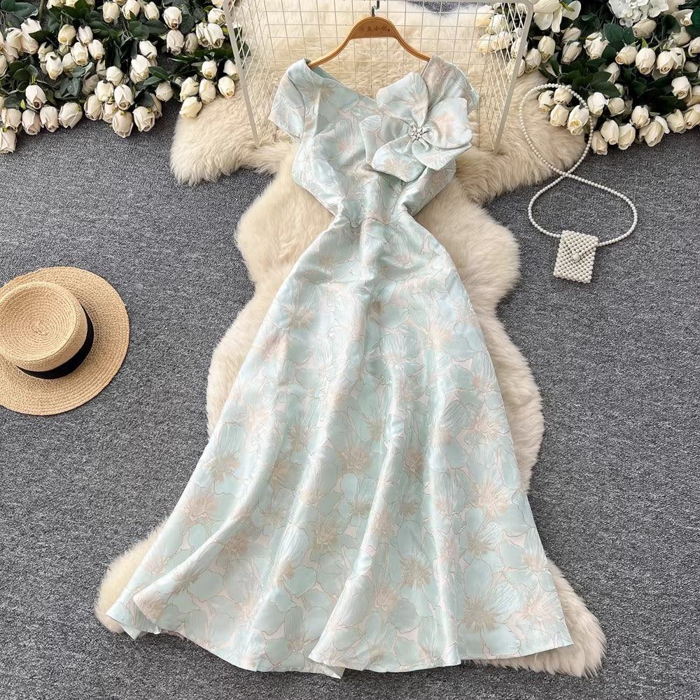 3D Floral Jacquard V-Neck Maxi Dress