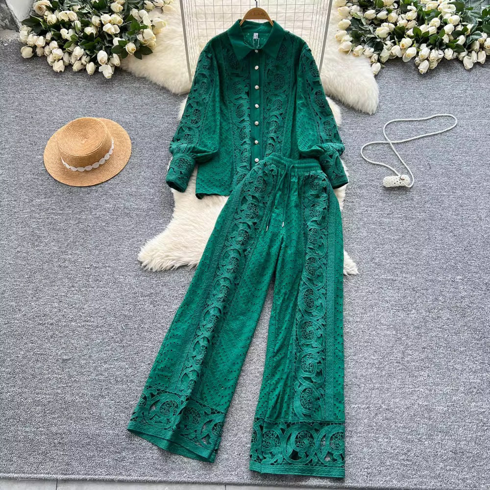 Vintage Two-Piece Set: Lantern Sleeve Button-Up Lace Top & High-Waist Hollow-Out Pants