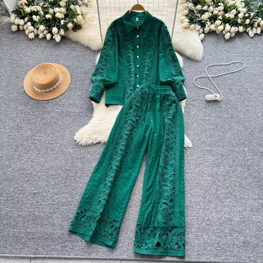 Vintage Two-Piece Set: Lantern Sleeve Button-Up Lace Top & High-Waist Hollow-Out Pants