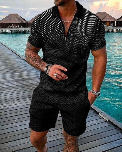 Men's Casual 3D Printed Polo Shirt and Shorts Set