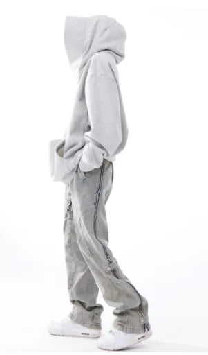 Niche Distressed Wash Jeans with Side Zipper Flare