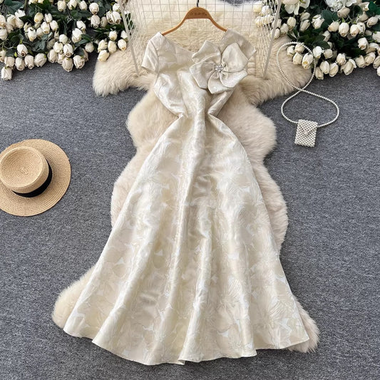 3D Floral Jacquard V-Neck Maxi Dress