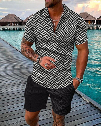 Men's Casual 3D Printed Polo Shirt and Shorts Set
