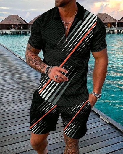 Men's Casual 3D Printed Polo Shirt and Shorts Set