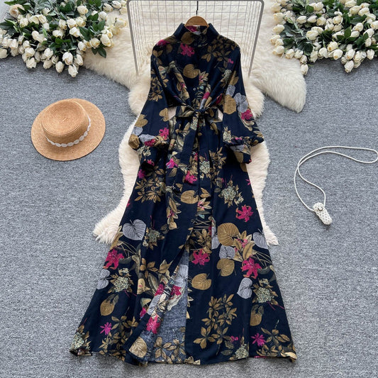French Retro Floral Waist Tie Dress