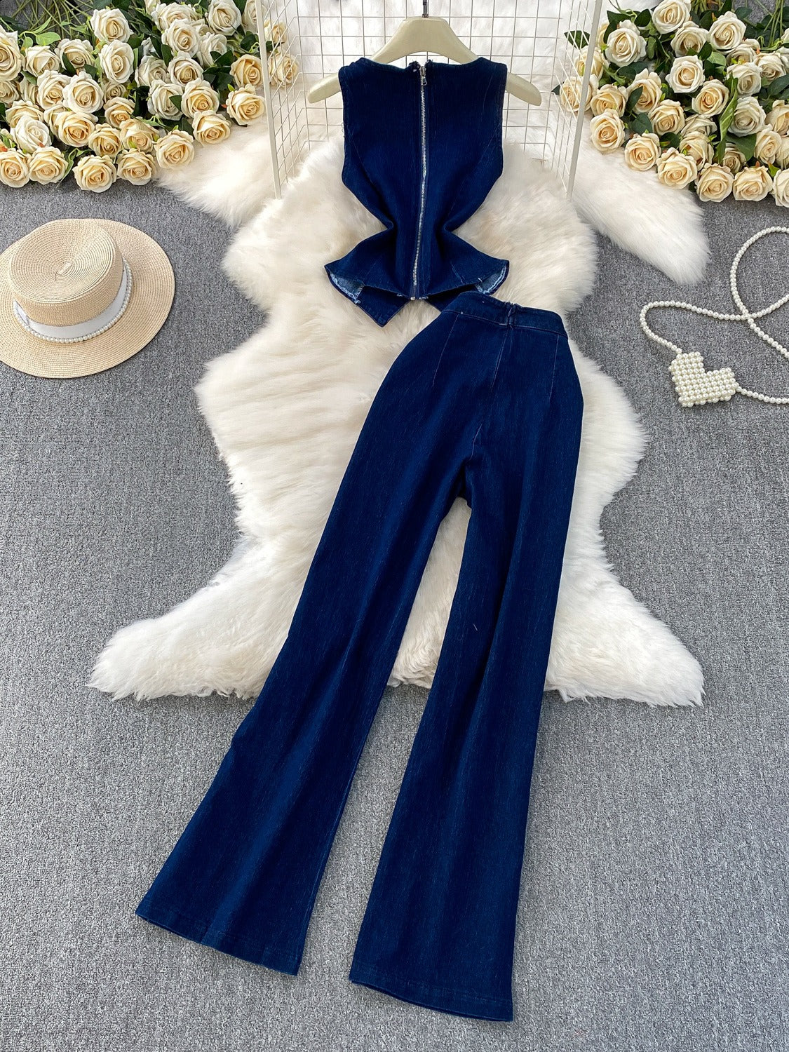 Denim Vest and Wide Leg Pants Set