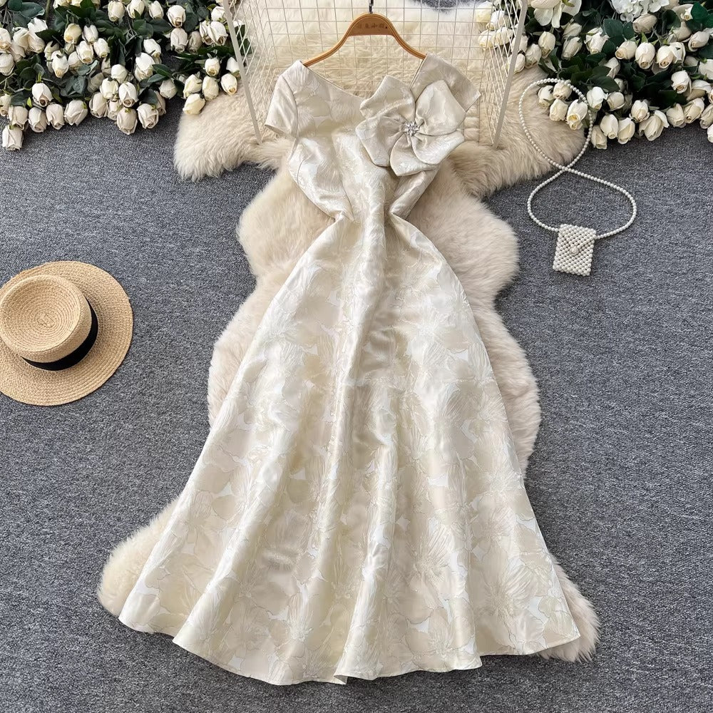 3D Floral Jacquard V-Neck Maxi Dress