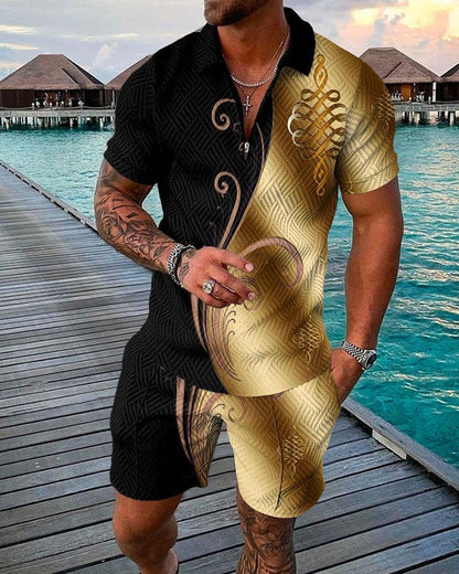Men's Casual 3D Printed Polo Shirt and Shorts Set