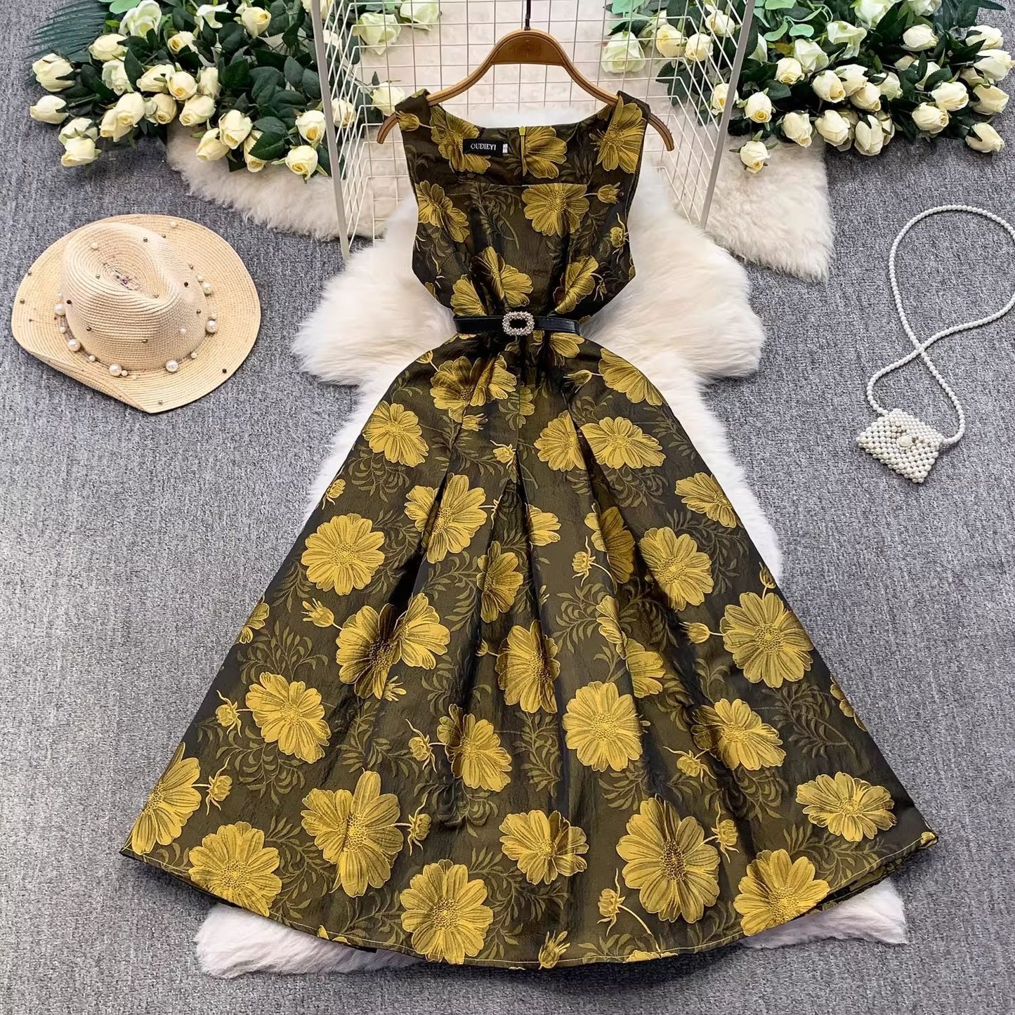 Jacquard Square-Neck Sleeveless Dress
