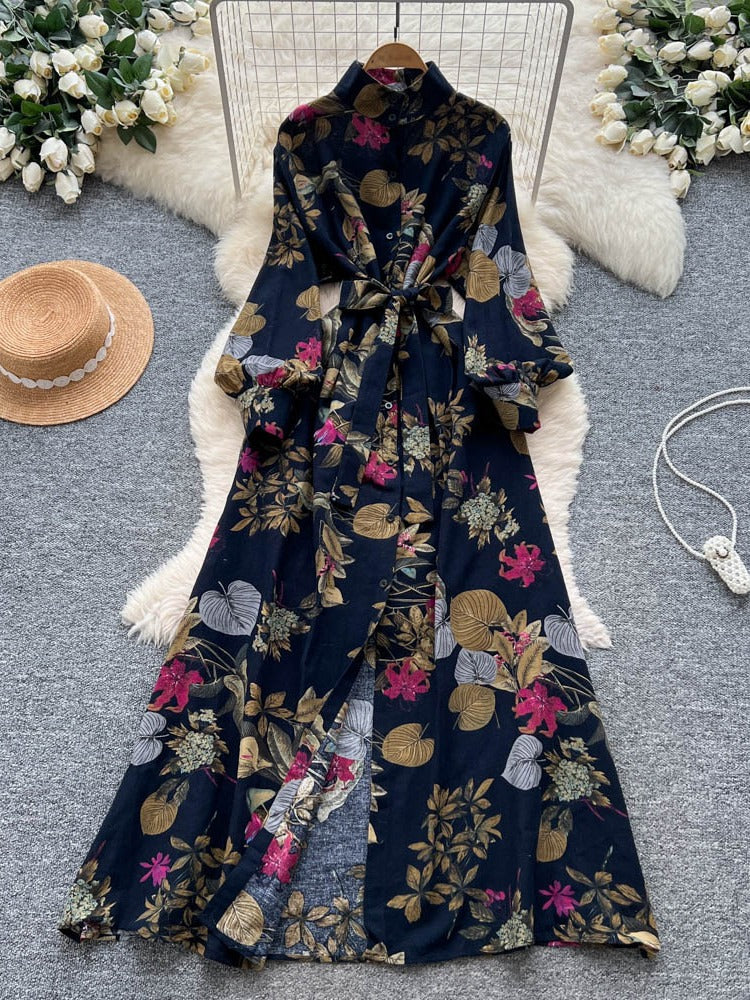 French Retro Floral Waist Tie Dress