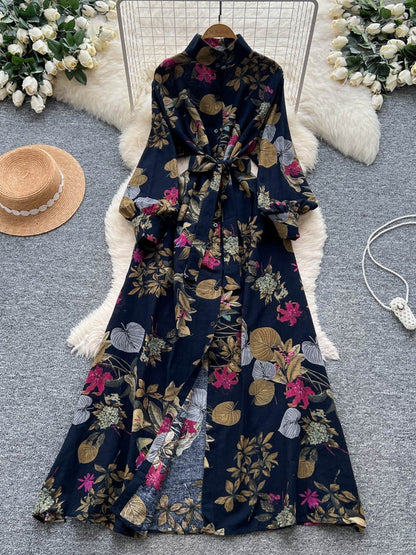 French Retro Floral Waist Tie Dress