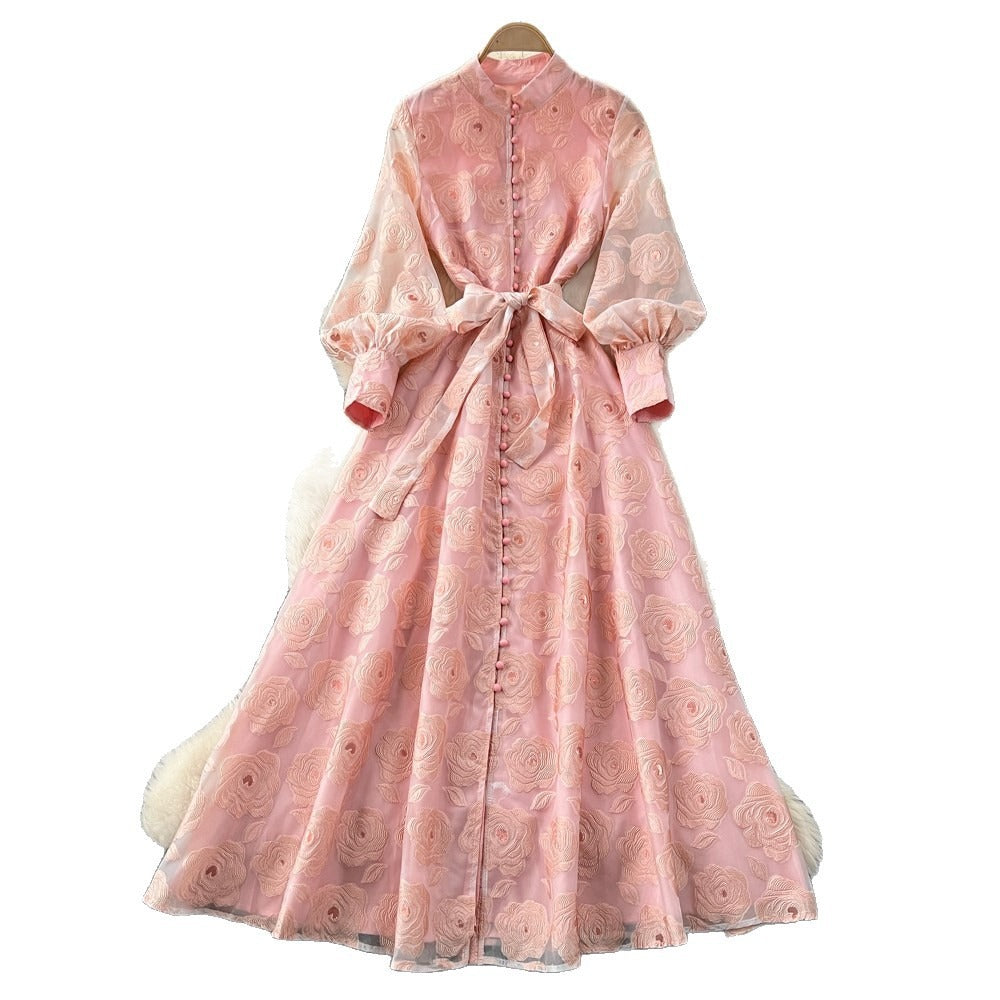 Romantic Embroidered Lantern Sleeve Maxi Dress