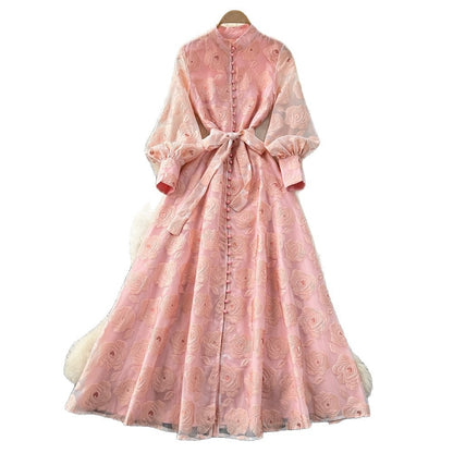 Romantic Embroidered Lantern Sleeve Maxi Dress