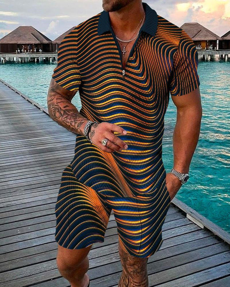 Men's Casual 3D Printed Polo Shirt and Shorts Set
