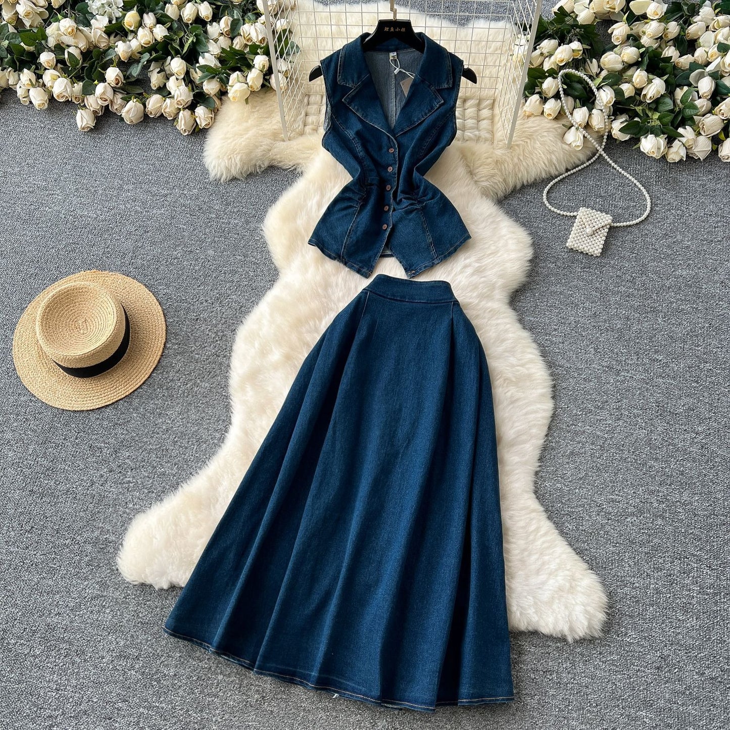 Pleated Waist Blazer & High-Waisted Midi Skirt Set