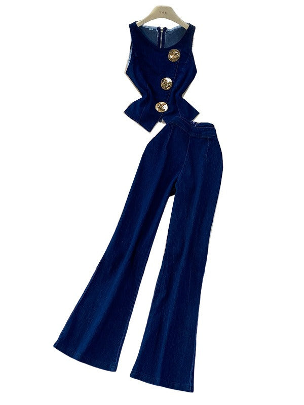 Denim Vest and Wide Leg Pants Set