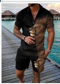 Men's Casual 3D Printed Polo Shirt and Shorts Set