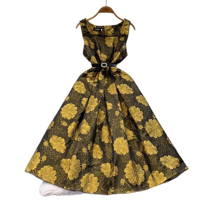 Jacquard Square-Neck Sleeveless Dress