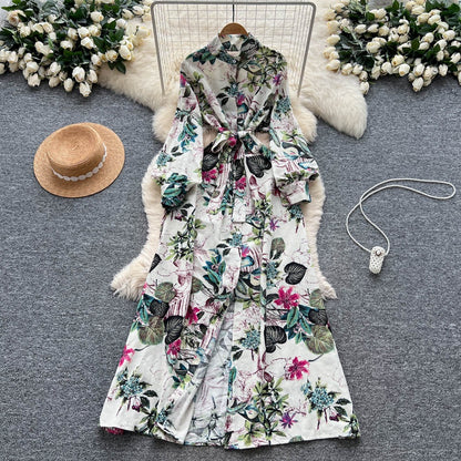 French Retro Floral Waist Tie Dress