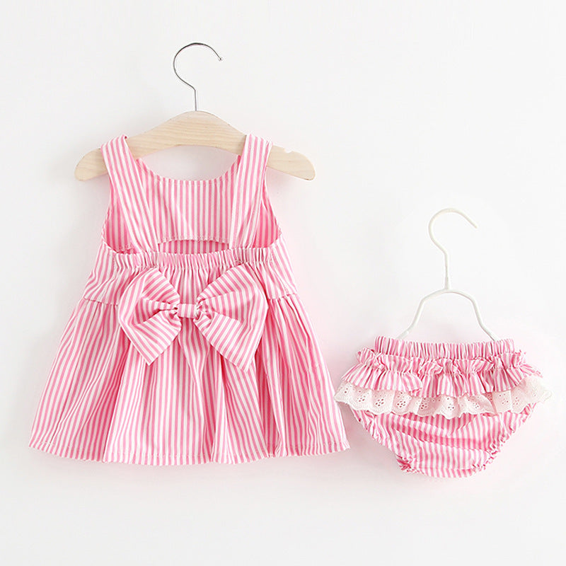 Summer Girls' Cotton Striped Dress and Shorts Set