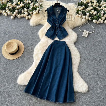 Pleated Waist Blazer & High-Waisted Midi Skirt Set