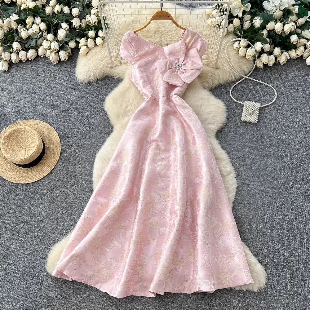 3D Floral Jacquard V-Neck Maxi Dress