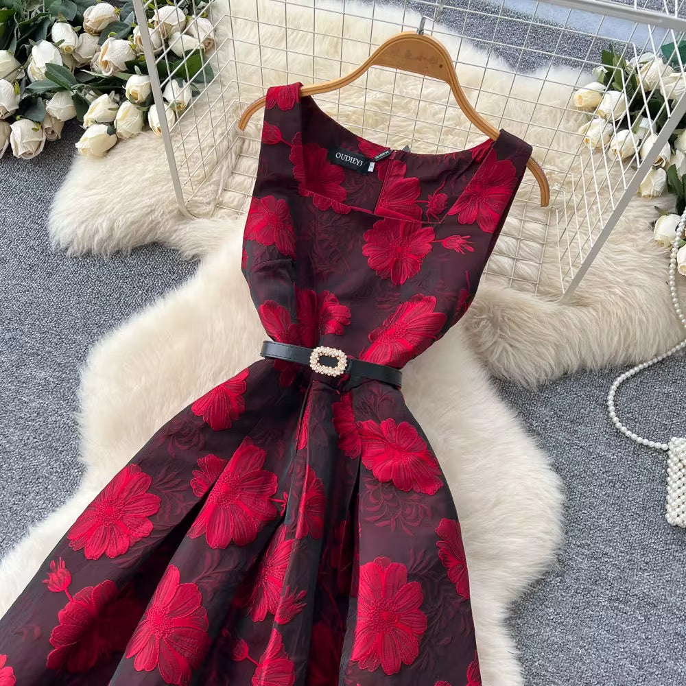 French Style High-End Jacquard Sleeveless Vest A-Line Skirt Flared Dress Spring Summer New Exquisite Dress