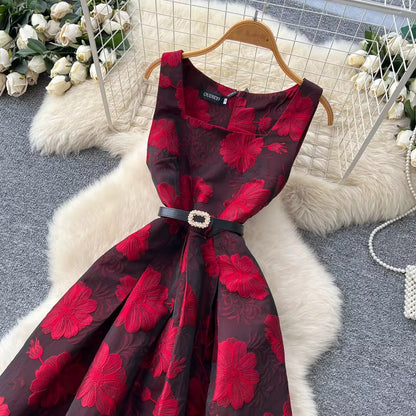 French Style High-End Jacquard Sleeveless Vest A-Line Skirt Flared Dress Spring Summer New Exquisite Dress