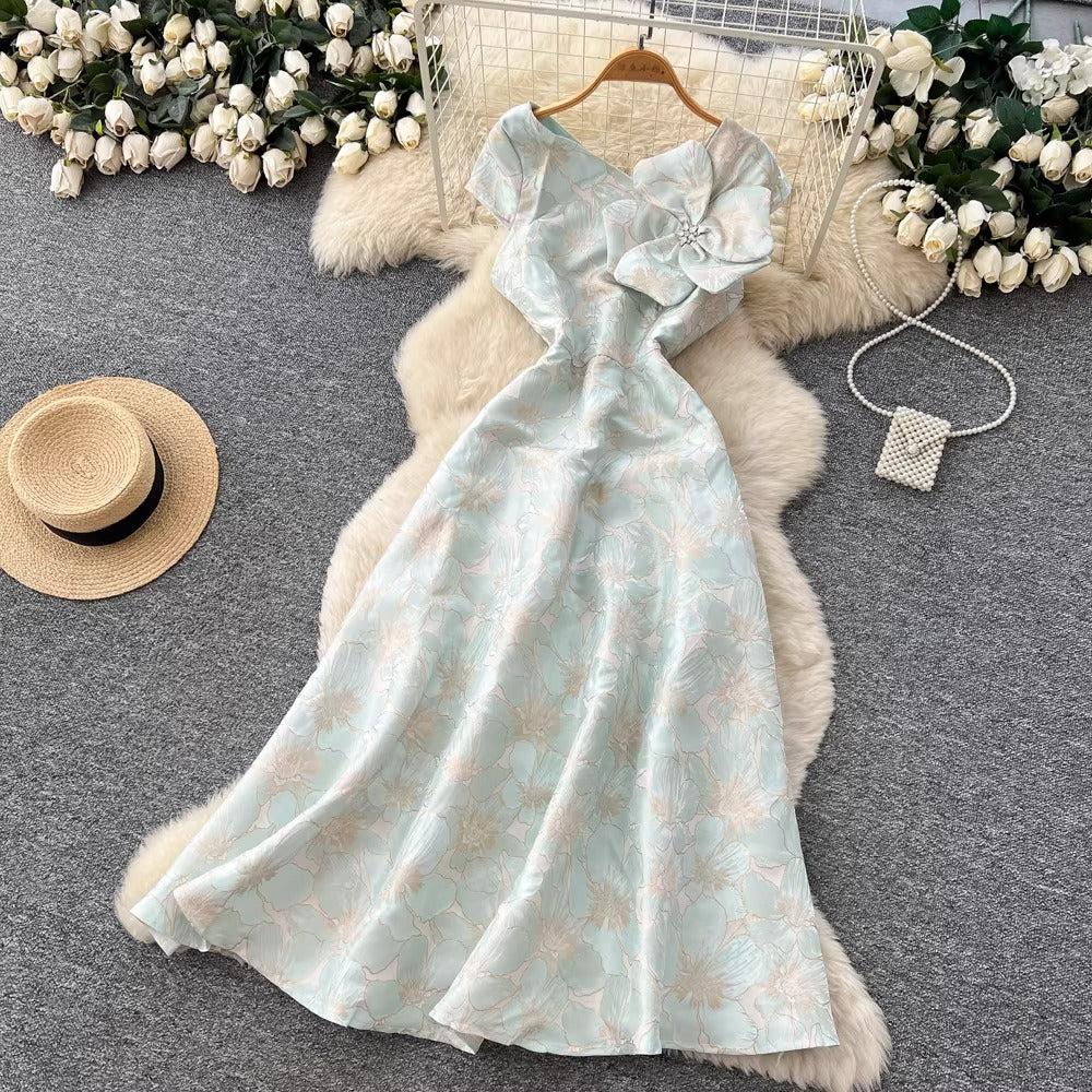 3D Floral Jacquard V-Neck Maxi Dress