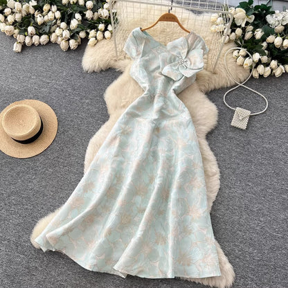 3D Floral Jacquard V-Neck Maxi Dress