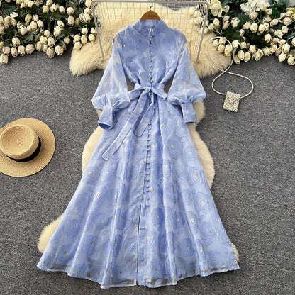 Romantic Embroidered Lantern Sleeve Maxi Dress