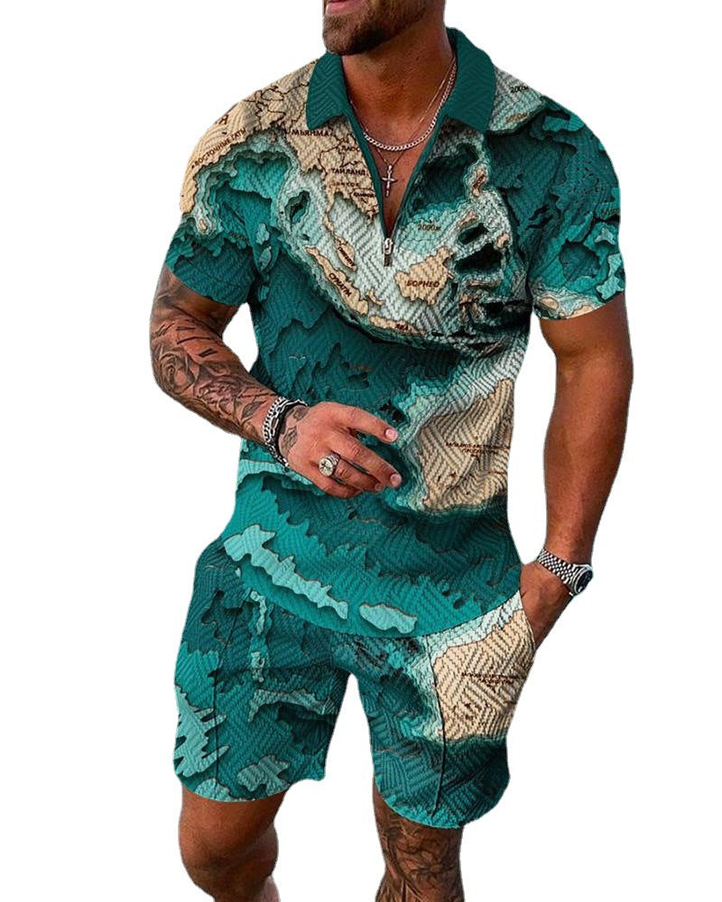 Men's Casual 3D Printed Polo Shirt and Shorts Set