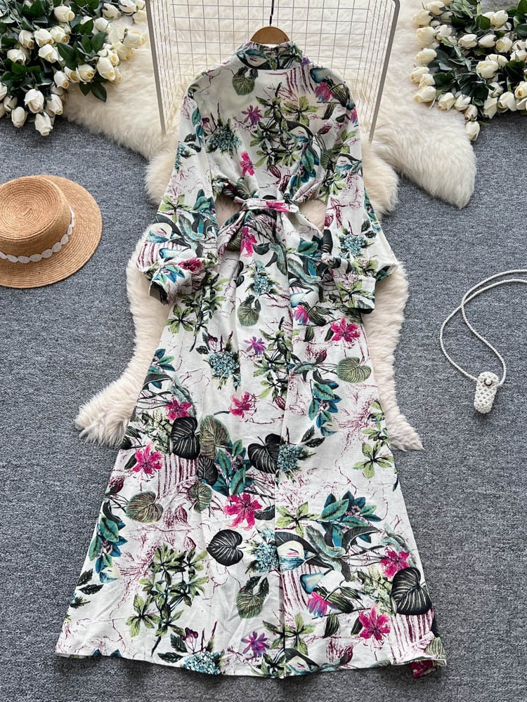 French Retro Floral Waist Tie Dress