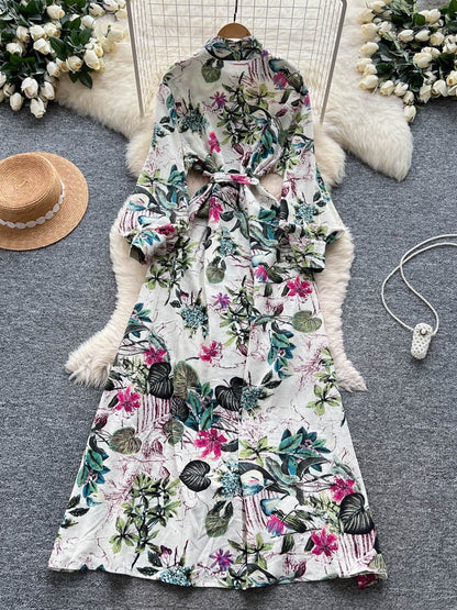 French Retro Floral Waist Tie Dress