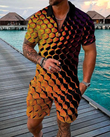 Men's Casual 3D Printed Polo Shirt and Shorts Set