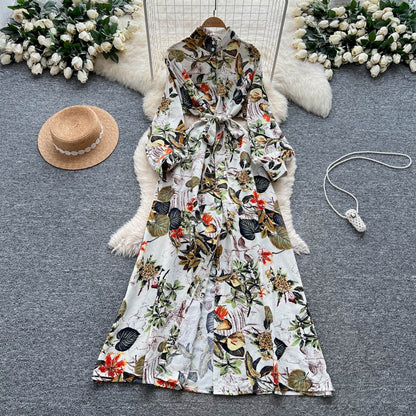 French Retro Floral Waist Tie Dress