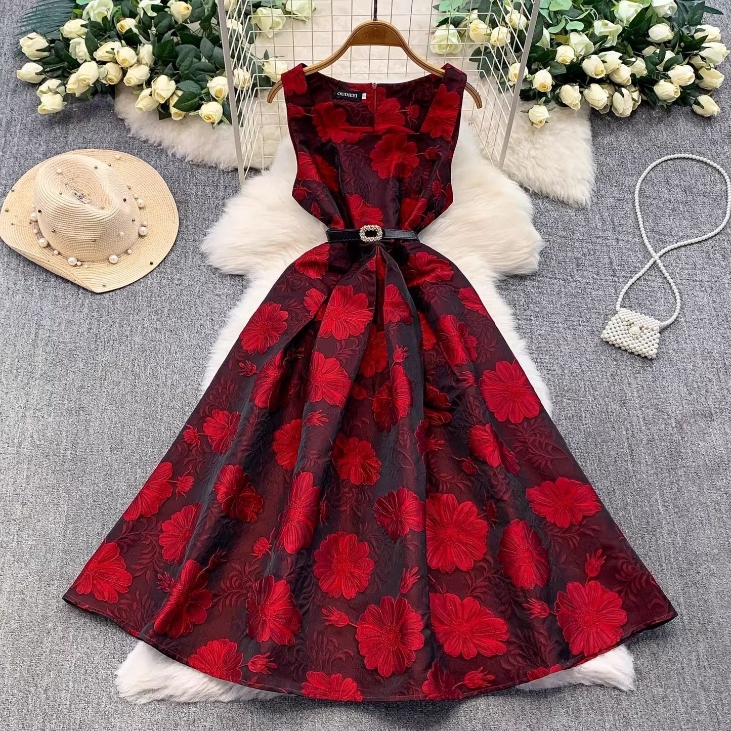 Jacquard Square-Neck Sleeveless Dress