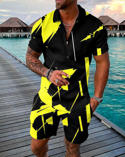 Men's Casual 3D Printed Polo Shirt and Shorts Set