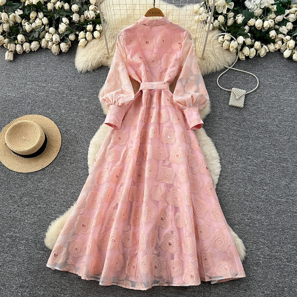 Romantic Embroidered Lantern Sleeve Maxi Dress
