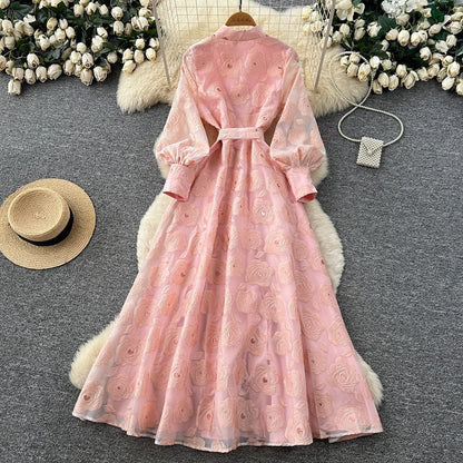 Romantic Embroidered Lantern Sleeve Maxi Dress