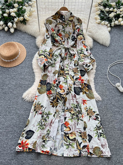 French Retro Floral Waist Tie Dress