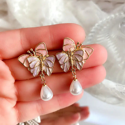 Retro French Butterfly Enamel Freshwater Pearl Brooch