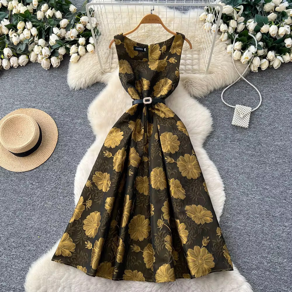 French Style High-End Jacquard Sleeveless Vest A-Line Skirt Flared Dress Spring Summer New Exquisite Dress
