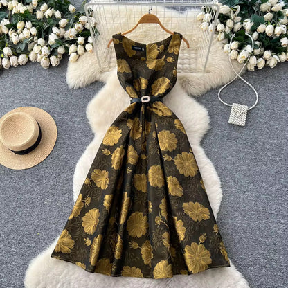 French Style High-End Jacquard Sleeveless Vest A-Line Skirt Flared Dress Spring Summer New Exquisite Dress