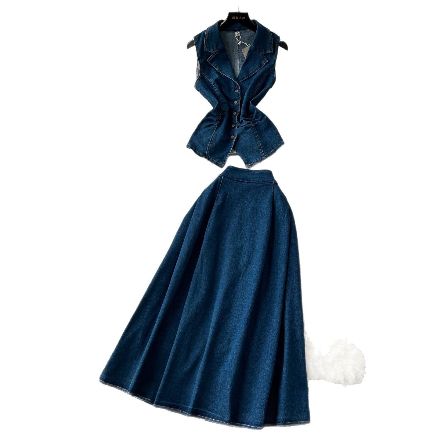 Pleated Waist Blazer & High-Waisted Midi Skirt Set