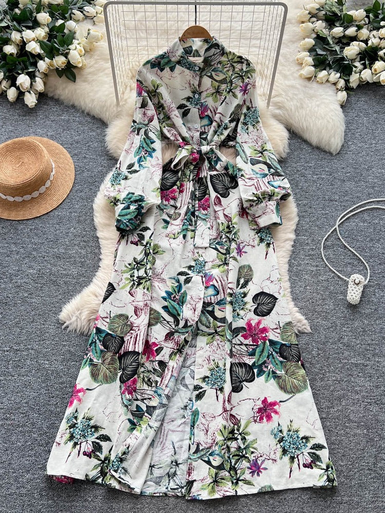 French Retro Floral Waist Tie Dress